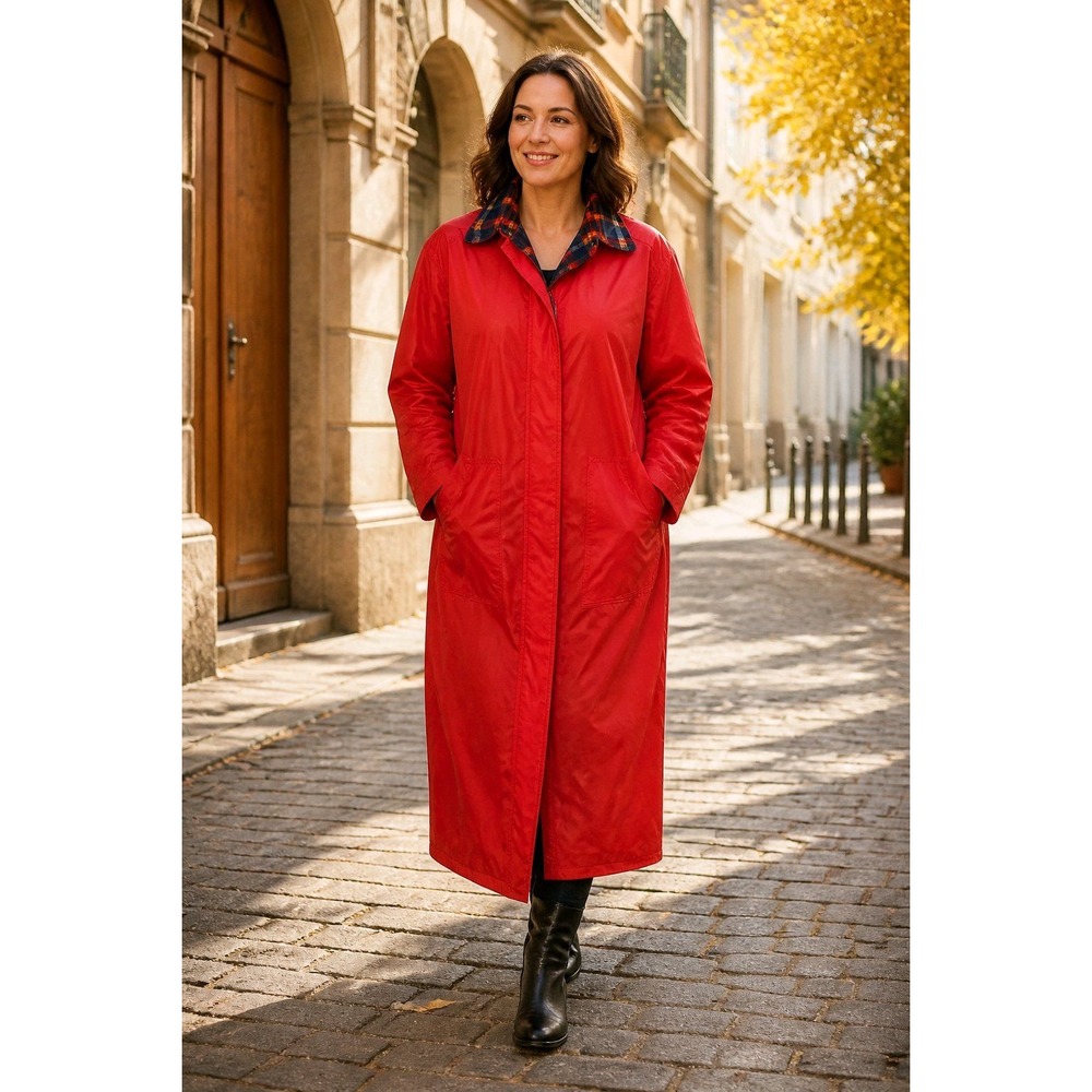 Talbots Womens Red Longline Raincoat Quilted Plaid Lining PVC Size L RN51207
